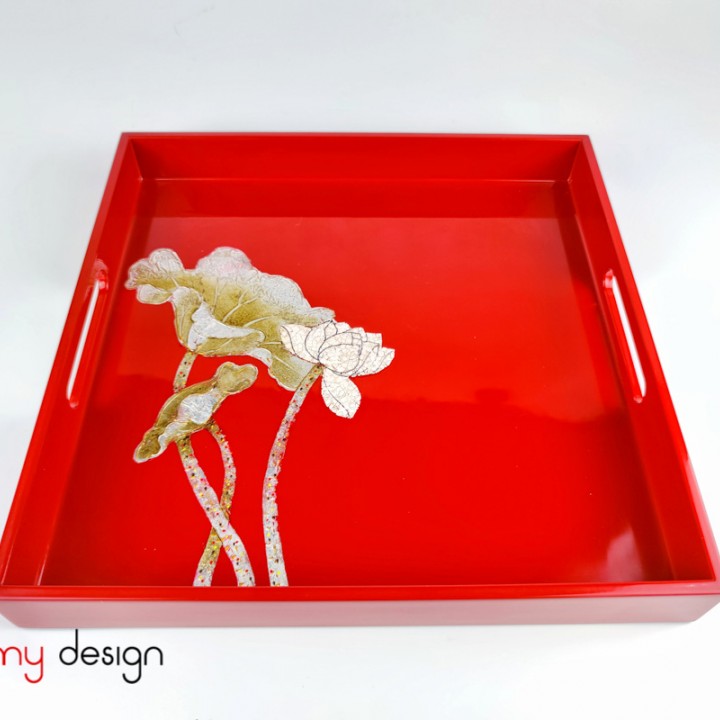 Red square lacquer tray hand-painted with lotus 32 cm